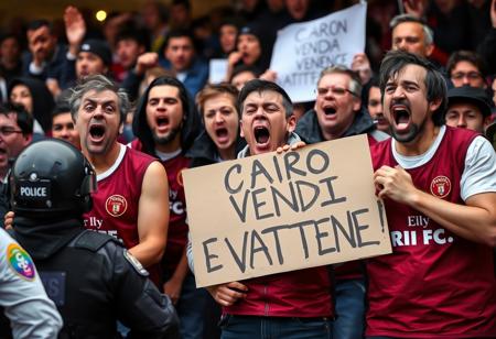 A photograph of a screaming, ragged, angry group of Torino FC fans, wearing a burgundy soccer vest, protesting with a cardboard in hands that says "CAIRO VENDI E VATTENE!", police officers stand in the foreground with their backs to the viewer,