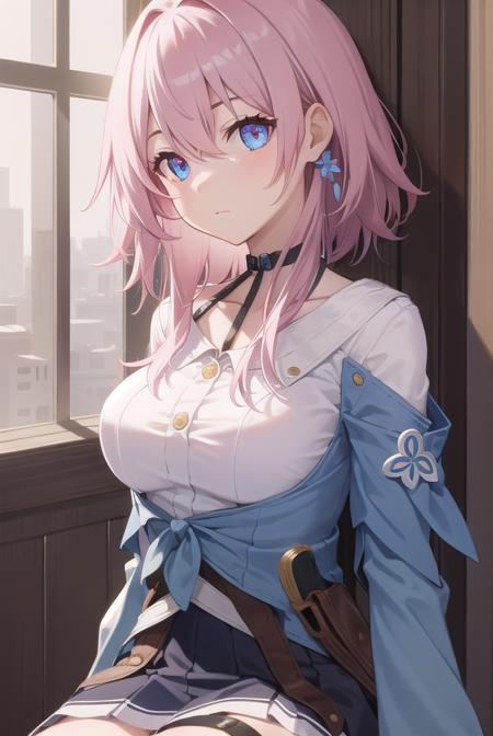 marchseventh, <lyco:marchseventh-lyco-nochekaiser:1>, 
march seventh, blue eyes, hair between eyes, medium hair, pink eyes, pink hair, two-tone eyes,
BREAK ankle boots, archery shooting glove, badge, bare legs, black choker, black corset, black footwear, black gloves, blue jacket, blue skirt, boots, button badge, buttons, choker, collarbone, corset, earrings, flower ornament, gloves, high heel boots, high heels, jacket, jewelry, long sleeves, miniskirt, partially fingerless gloves, pleated skirt, shirt, single earring, single glove, skirt, thigh strap, tied jacket, underbust, white shirt
BREAK looking at viewer, 
BREAK indoors, classroom,
BREAK <lyco:GoodHands-beta2:1>, (masterpiece:1.2), best quality, high resolution, unity 8k wallpaper, (illustration:0.8), (beautiful detailed eyes:1.6), extremely detailed face, perfect lighting, extremely detailed CG, (perfect hands, perfect anatomy),