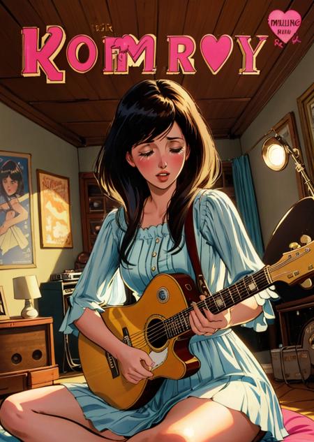 romance_comics_cover, crying Shelley Duvall with flicked-out, music room, this room houses a collection of musical instruments, including a vintage electric guitar, a turntable with vinyl records, and a bean bag for jamming sessions, dramatic lighting, dramatic perspective, <lora:romance_comics_cover:0.7>