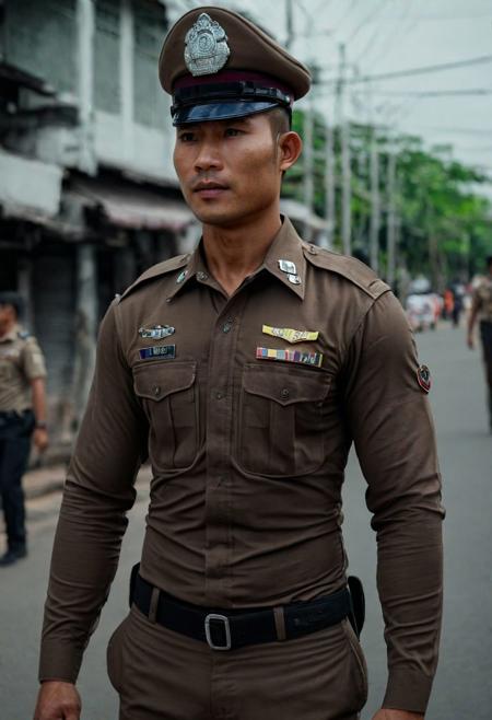 cinematic still of 30 year old handsome muscular Thai man in brown police uniform and hat, standing in Bangkok streets, highly detailed, intricate details, shallow field of depth, cinematic lighting
