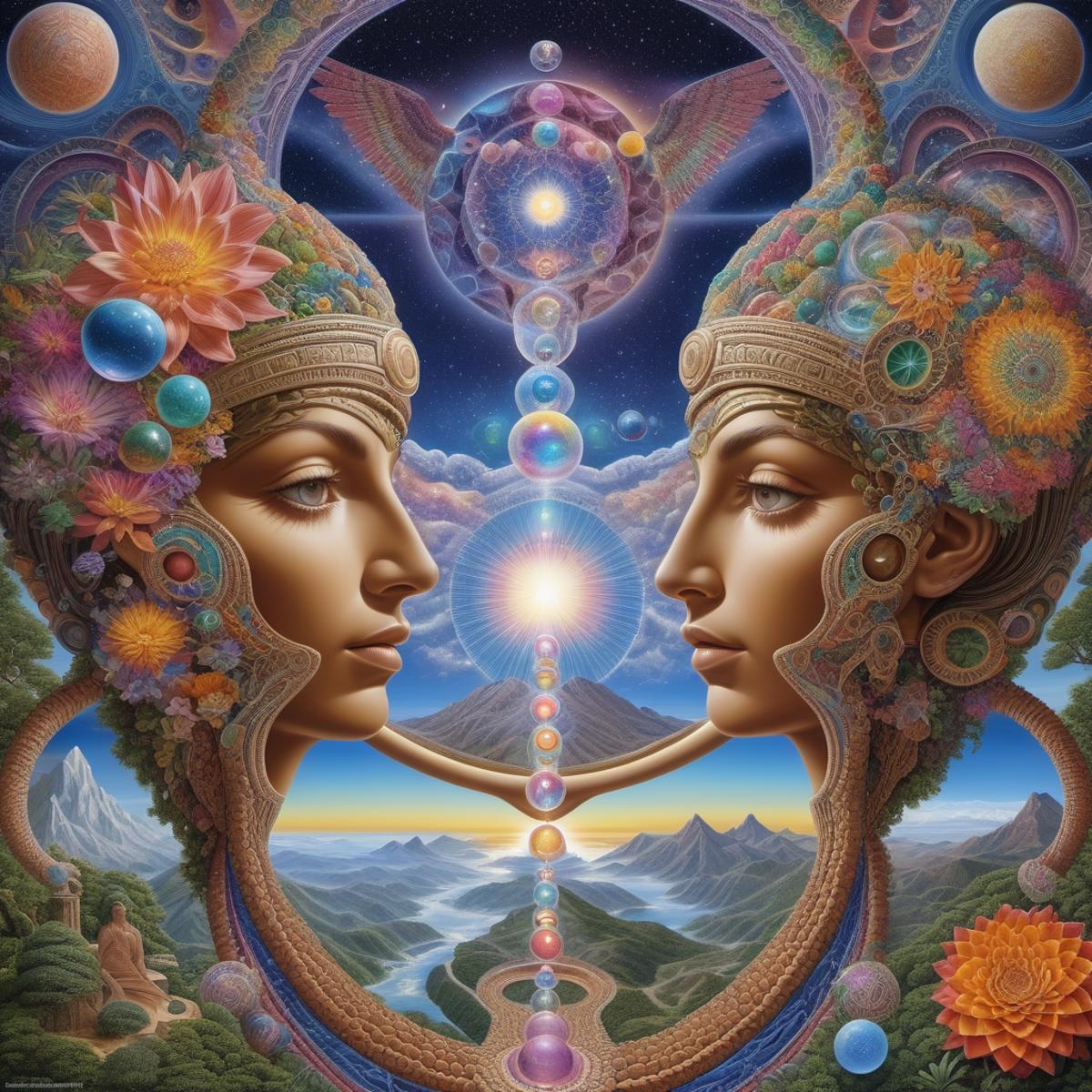 Artistic Poster of Two Women with Headdresses and a Rainbow Bridge