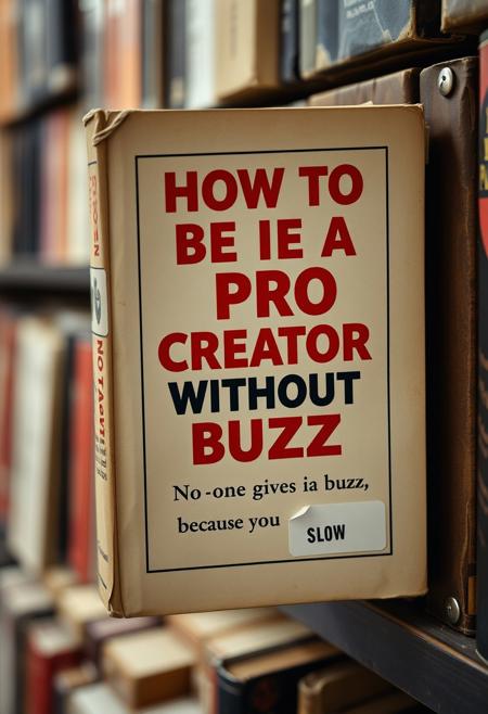 an old book a self-help book with the title in the cover "HOW TO BE A PRO CREATOR WITHOUT BUZZ" and the subtitle "No one gives you buzz, because you suck" with a sticker of low price   in a shelves of an old book store