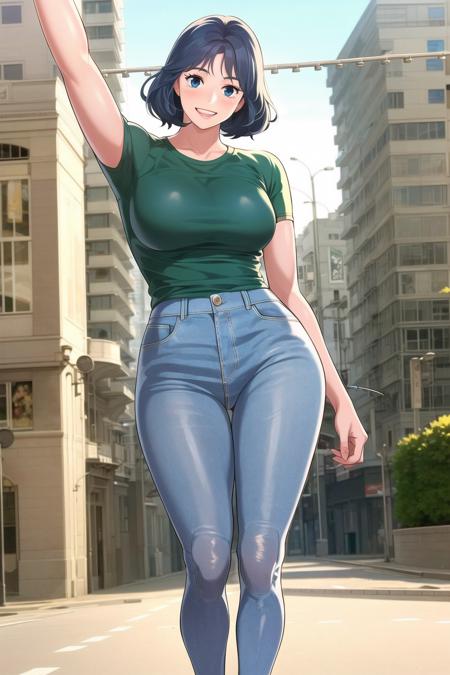 ultra high res,8k, RAW photo, best quality, masterpiece,detailed,looking at viewer,1girl,solo, <lora:gjj_duoxi-000020:0.7>,short hair,blue hair,The young girl was wearing a tight shirt with a pair of tight jeans and tights. She was slender, with long legs and an athletic energy. In her daily life, she is always curious and active in various occasions, playing football in the park with her friends or performing modern dance on the street. Her enthusiasm and energy delighted those around her, and her smile always touched the hearts of others. Whether in sports or in life, this young girl can show her proud figure and vitality.