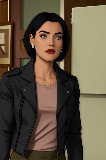  lois lane, black hair, short hair, blue eyes black jacket, shirt, green pants, stud earrings grey shirt, long sleeves, grey beanie