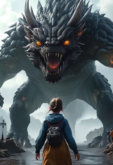 ultra-realistic, highly detailed, 4k, dramatic, concept art, a little girl in front of camera walking with a giant monster, fantasy art, digital art, close-up, dramatic lighting, trending on artstation, realistic matte painting, cinematic composition