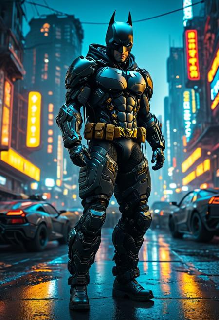 A stunning masterpiece featuring a full-body shot of Batman, captured through intricate raw photography. Set in a cyberpunk-inspired, highly detailed 3D rendering, the image showcases top-quality, ultra-high-resolution detail. The composition features a cowboy-themed photo with a photorealistic (1.4) finish, a raw photo, and official art. A close-up of a character with a complex background, the image has a surreal, atmospheric, and sinister quality.
The scene is set against the backdrop of a cyberpunk city with neon street lights, creating an Insta-worthy, Photo of the Year-worthy shot. The advanced cyber helmet, mecha, robot, armor, and mechanical arms of the figure, all set within an exo-suit, elevate the science fiction theme. The character's clothing is worn and asymmetrical, with a tactical oversized black hoodie, advanced black helmet with a HUD, and black techwear cargo pants. The figure's aggressive pose is accentuated by punk-rock, rebellious, and futuristic styling.
The image is further enhanced by high-tech weapons, vibrant colors, and sharp focus on the central figure, showcasing an advanced, aggressive, and precise style. The image incorporates realistic visual effects, realistic Octane render, and dramatic lights and shadows for a cinematic, sci-fi scene reminiscent of synthwave.