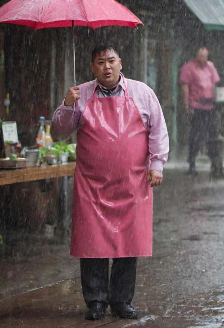 a ((900 pound asian man)) wears a ((((pink and red rubber apron)))) in the rain outside of a restaurant he is ((soaking wet from head to toe as rain pours from above))