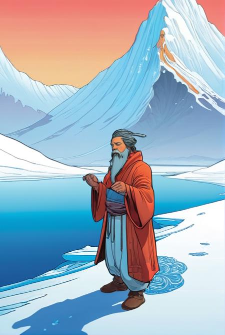 art by moebius, dan mumford, alphonse mucha, Hokusai and James Gurney, Video Installation of a "Under Timeless Ice"