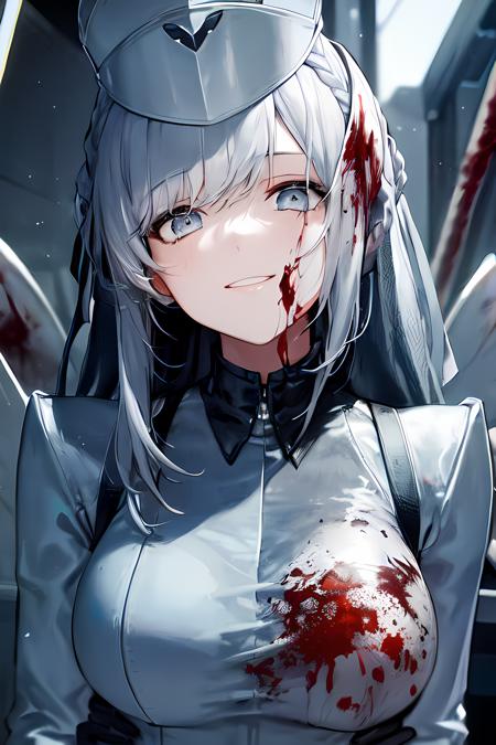 solo,masterpiece, best quality,1girl, bangs, black_gloves, border, braid, closed_mouth, gloves, grey_eyes, hat, long_hair, long_sleeves, looking_at_viewer, nurse, nurse_cap, own_hands_together, smile, solo, upper_body,white hair,blood