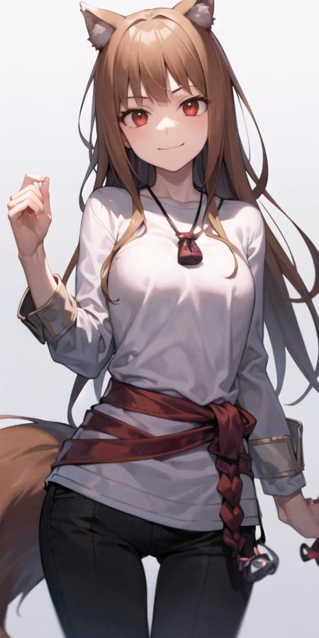 1girl, animal ears, belt, brown hair, closed mouth, cowboy shot, hime cut, holding, jewelry, long hair, long sleeves, looking at viewer, multiple belts, necklace, pants, red eyes, shirt, simple background, smile, solo, standing, tail, thigh gap, upper body, white background, white shirt, wolf ears, wolf tail, wolf girl, pouch,<lora:holo_locon_v1a:0.8>