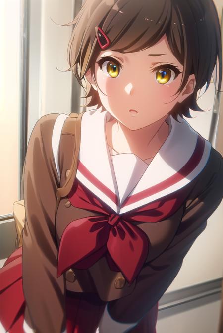 hazukikatou, <lora:hazuki katou s2-lora-nochekaiser:1>,
hazuki katou, short hair, brown hair, hair ornament, (yellow eyes:1.3), hairclip,
BREAK skirt, shirt, long sleeves, school uniform, pleated skirt, serafuku, neckerchief, (brown skirt:1.2), white sailor collar, (brown shirt:1.2), kitauji high school uniform, (red neckerchief:1.5),
BREAK indoors, classroom,
BREAK looking at viewer, (cowboy shot:1.5),
BREAK <lyco:GoodHands-beta2:1>, (masterpiece:1.2), best quality, high resolution, unity 8k wallpaper, (illustration:0.8), (beautiful detailed eyes:1.6), extremely detailed face, perfect lighting, extremely detailed CG, (perfect hands, perfect anatomy),