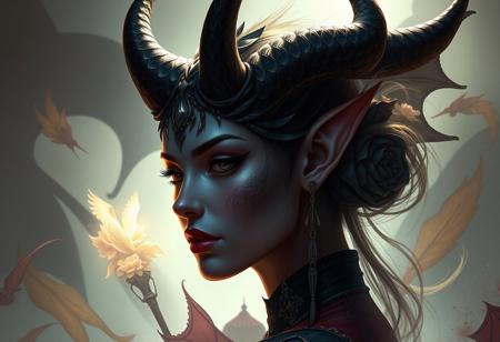 Create a digital painting of a woman, the ornate supreme demon overlord, with a soft lighting gradient and immaculate shading. The dark colour scheme should feature the empress’ swirling gardens. Replace her ears with black horns. Draw inspiration from the styles of Luke Pearson, Stanley Artgerm Lau, and Lois van Baarle. The artwork should have a sense of global illumination and radiant light, with detailed and intricate environments and micro details. No text should be included, and the composition should be reminiscent of high-fantasy artwork trending on ArtStation.