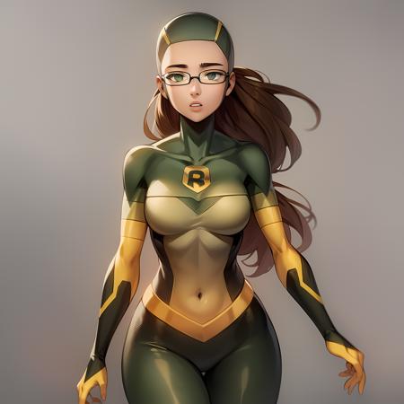 ((masterpiece, best quality)), solo,1girl, brown hair, cowboy shot, green eyes, tight, bodysuit, glasses, Shrinking Rae,  <lora:Shrinking_rae1:0.8>