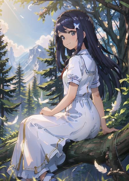 in forest, sitting on tree, beautiful_background, 8k, full body, nostalgic, smile, (birds:1.1), (feathers, backlighting,:1.1) , looking at viewer,
 <lora:MitsuhaV1:0.9>, mitsuha, white dress,