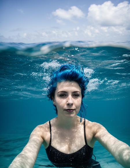 photo of a woman, award winning photo, swimming in the ocean, taken partially under water, blue hair