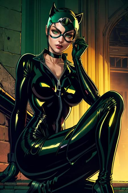 catwoman, bodysuit, goggles on head, gloves, choker, unzipped, green eyes