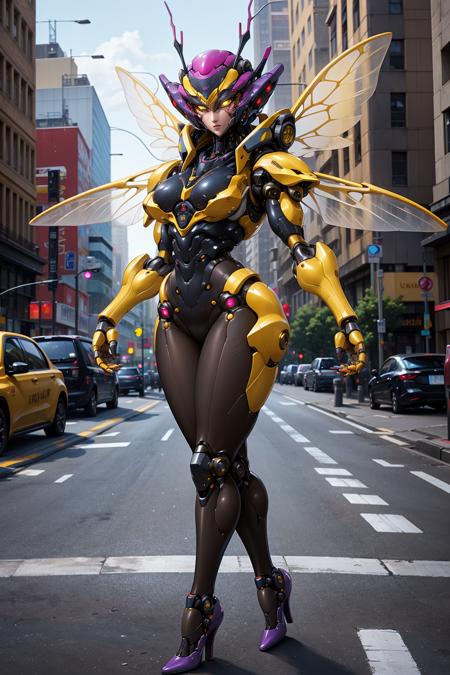 1kaijin, full_body, solo, yellow_eyes, no_humans, outdoors, street, city, cars, people,
bug, insect_wings, alien, medium_breasts, high_heels, (robot_joints:1.2), (pantyhose:1.2),  colorful,
(masterpiece,  best_quality:1.3), (realistic:1.3), photorealistic,
<lora:kaijin_v5-000018:0.8>