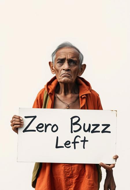 Text "Zero Buzz Left", text, Man, poor, bigger, holding a sign, run down, clothing, crying, very sad, very skinny,