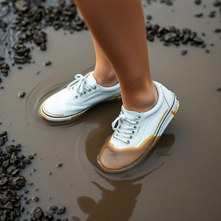woman wearing sneakers, woman standing in a puddle of muddy water,  sneakers are wet and muddy, one sneaker deep in the mud
(((all-white-canvas-women's-Vans-sneakers))), (((Vans-Authentic-sneakers))), (((white-foxing-stripe-on-sneaker)))