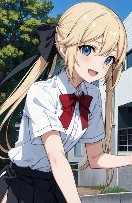 shindou_erina, very long hair, blonde hair, blue eyes, flat chest, twintails, school uniform, white shirt,  short sleeves, high waist skirt, miniskirt, black skirt, pleated skirt, red bowtie, x hair ornament, black hair bow, graceful, calm, tied with a bow at the nape of the neck shindou_erina, very long hair, blonde hair, blue eyes, flat chest, twintails, school uniform, beige blazer, miniskirt, black skirt,  pleated skirt,  red bowtie, red x hair ornament, black hair bow, graceful, calm, tied with a bow at the nape of the neck