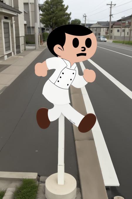 <lora:please_do_not_run_over:0.7>, 1boy, 1girl, :q, bench, building, car, fine art parody, flat color, full body, grass, hallway, house, lamppost, looking at viewer, open mouth, outdoors, parody, power lines, real world location, road, running, short hair, sidewalk, sign, signature, sitting, solo, standing, tree, walking, window, bangs, (cook:1.4)