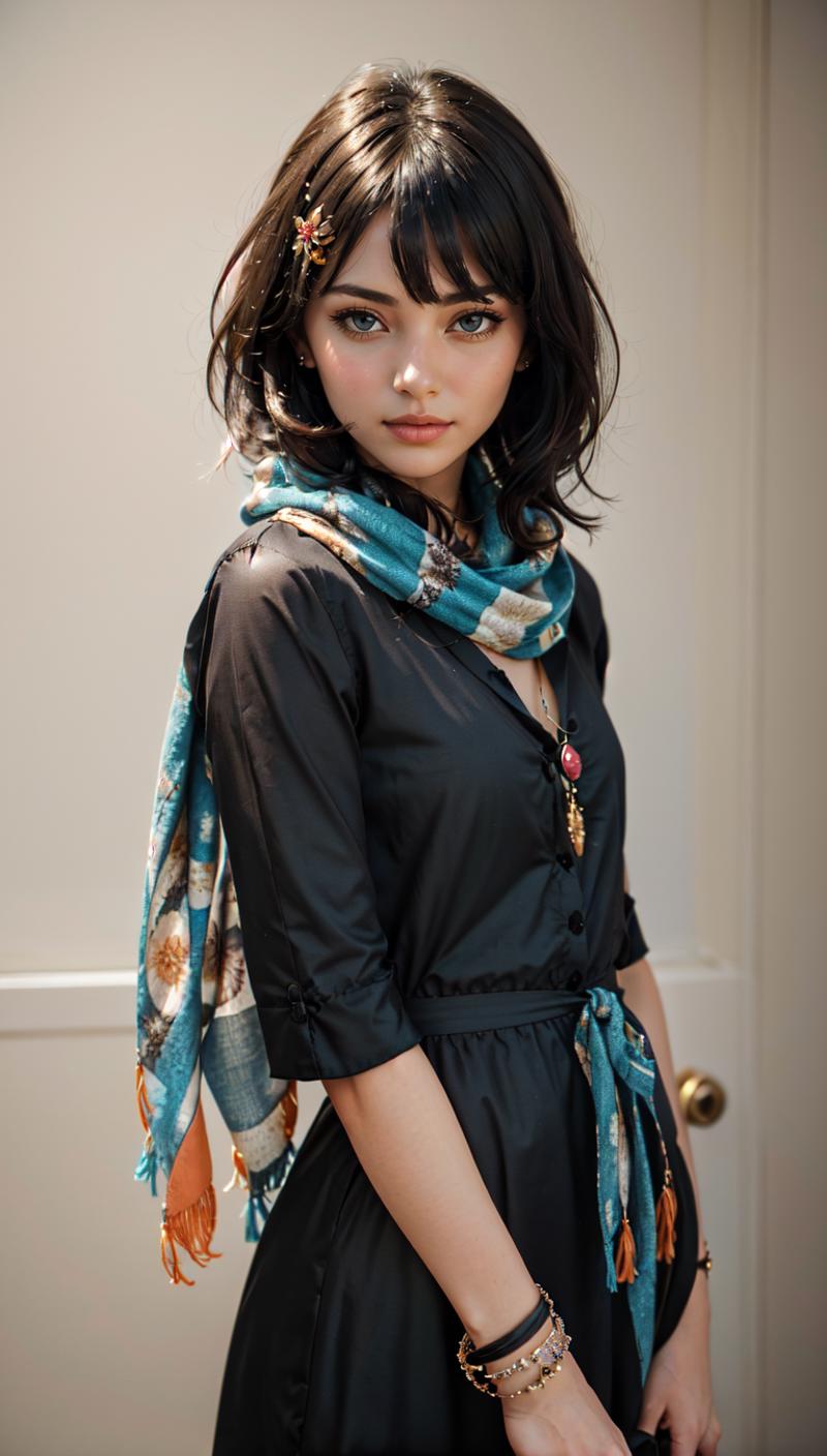 A woman wearing a black dress with a blue scarf and a gold necklace.