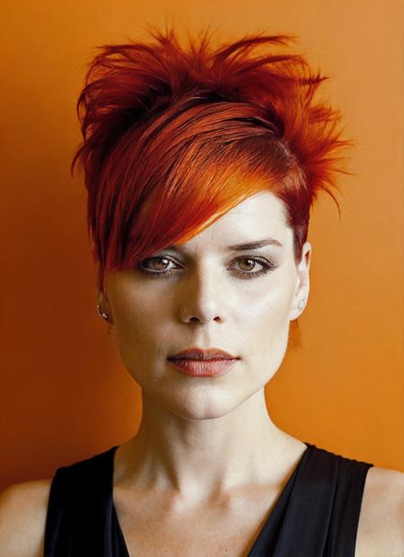 portrait of sks woman by Flora Borsi, style by Flora Borsi, bold, bright colours, orange Mohawk haircut, ((Flora Borsi)), <lora:locon_neve_v1_from_v1_64_32:1.25>