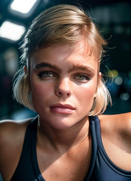 portrait of skswoman, :| , wearing activewear , with black Blunt haircut , background fall epic (photo, studio lighting, hard light, sony a7, 50 mm, matte skin, pores, colors, hyperdetailed, hyperrealistic), <lyco:Erika Eleniak:1.3>