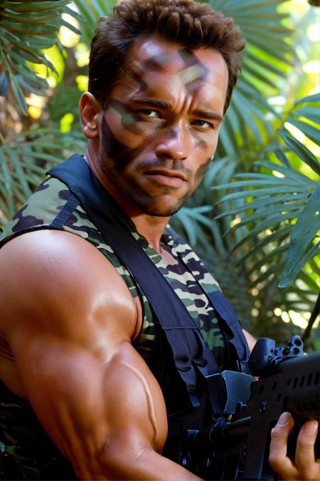 image of arnie_soldier, wearing military vest, facial camouflage, holding gun, jungle background, zoomed out <lora:Delorean-Arnie>