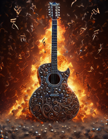 Guitar .Masterpiece, best quality,  made of chrome-steel balls, 
(detailed background:1.3), (temple, doom, chaos, cracks, dust, background:1.4), 
best quality, depth of field, chiaroscuro, cinematic, colorful, realistic, (dynamic pose, dynamic angle:1.5), masterpiece, intricate details, ultra detailed, 8k, highly detailed, very aesthetic, professional 4k, Canon 5d mark 4, moody lighting, natural light, soft light