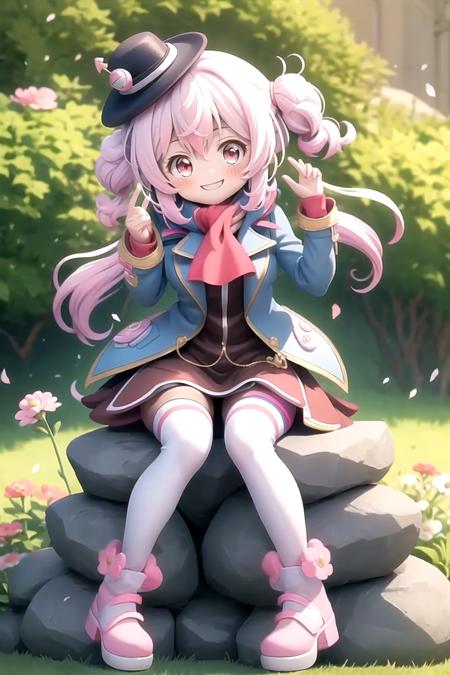 (masterpiece), (best quality), (detailed background, best lighting), ultra-detailed, highly detailed, (((blush))), solo, (happy), (smile),
<BRAKE>
on stone, on grass, (colorful flowers), shadow, sunlight, warm, side lighting,
<BRAKE>
1girl, ahoge, ascot, emullh, gradient hair, hat, jacket, mini hat, nature, pink hair, red eyes, smile, solo, thighhighs, white thighhighs, looking at viewer, animal ears <lora:emullh_00_03:0.7>