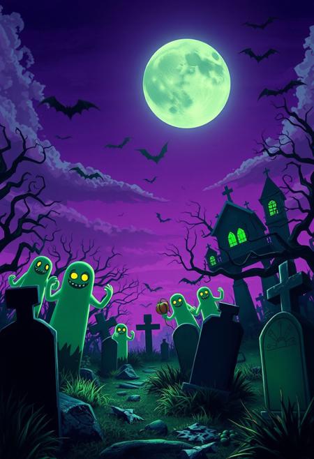 Halloween theme, spooky graveyard with ghostly creatures under a purple sky, highlights in green and black colors, cartoon style, hyper-realistic, ultra-detailed mobile wallpaper, cinematic lighting, dynamic composition, by Artgerm and Greg Rutkowski, 4k resolution, vibrant colors
