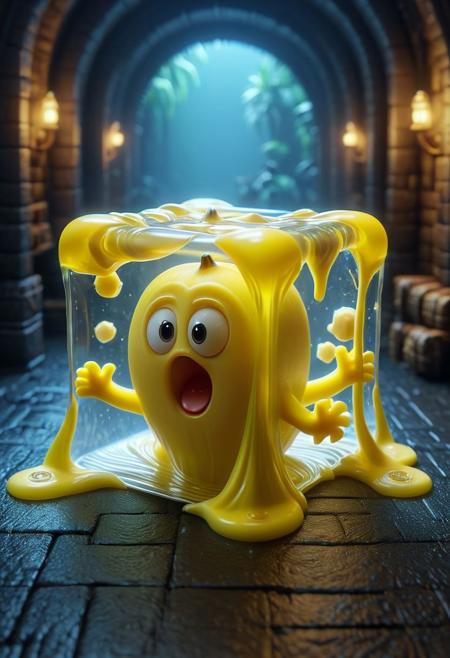 cinematic shot of a fantasy cute little banana inisde GelatinousCube, banana in background, hkstyle, HD, masterpiece, best quality, hyper detailed, ultra detailed, super realistic