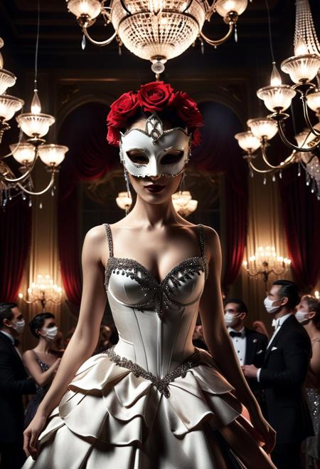 score_9, score_8_up, score_7_up, score_6_up, score_5_up, score_4_up, (absurdres, best quality, masterpiece:1.4), illustration, photorealistic, cinematic lighting, dynamic angle, perfect composition, mask, mysterious mask, elegant dress, ballroom, dim lighting, chandelier, graceful pose, feathers, red roses, dramatic lighting, refined