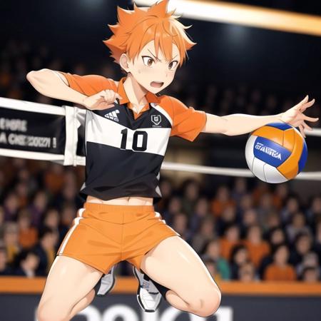 <lora:Shoyo Hinata:0.6>,Shoyo Hinata,ultra detailed face,1boy,playing voleyball,spiking the ball in air,over the net,jumping,short orange hair,volleyball outfit,angry look,side view,closed mouth,short neck,pointy chin,cat eyes,full body,receving the ball with his hands,crow fethers behind him falling down,jumping in the air