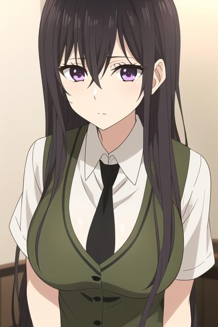 masterpiece, best quality,1girl,solo,aihara mei,black hair,long hair,hair between eyes,hair over breasts,purple eyes,expressionless,school uniform,dress shirt,green vest,short sleeves,black necktie,brown checkered skirt,green socks,<lora:aiharamei:0.8>