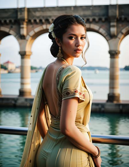 RAW full body analogue photo of a beautiful 25 years old woman, clear focus, high resolution image, Asian woman, dark hair, <lora:Ai_Lotus:0.75>,,  ,RAW full body analogue photo of a beautiful 25 years old , high resolution image, Wearing traditional Indian clothes ((Salwar Kameez)), Natural hair, low light, soft natural light, Rembrandt style light, Hasselblad DLSR camera, 200mm Zeiss lens, f/2.8, Camerera view low-angle shot ,Sexy pose, erotic pose, exhibitionism ,Waterfront promenade, (Retro hairstyle:1.6),,low light, soft natural light, Rembrandt style light, Hasselblad DLSR camera, 200mm Zeiss lens, f/2.8 ,Sexy pose, erotic pose, exhibitionism, ,Ancient aqueduct