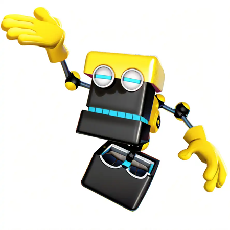 Cubot, yellow robot, two gray-framed and pupil-less light blue eyes, yellow gloves, black square head with a flattened yet wider yellow square cap on top and a larger black square on the bottom, the latter of which resembles a jaw