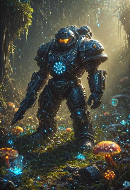 concept art sketch, drawing of a space marine made of carbon fights through a Bioluminescent mushroom land, giant happy cute mushrooms, fantasy elements, vivid colors, golden hour,  cf_style