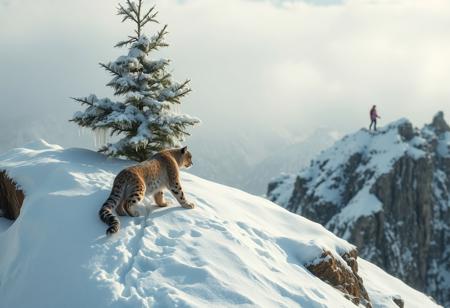 A majestic snow leopard ascends a rugged, snow-capped mountain, its fur blending seamlessly with the surrounding landscape. The cat's paws leave gentle prints in the fresh powder as it approaches a towering evergreen, its branches adorned with delicate, crystalline rime ice formations. In the distance, a woman stands at the mountain's edge, her figure tiny against the vast snowy expanse.
