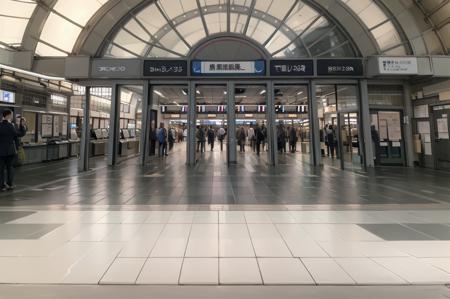 best quality, ultra-detailed, illustration,
1girl, glasses, school uniform, bag, jacket, 
multiple girls, multiple boys, crowd, 
TWRR03, scenery, tiles, tile floor, train station, door, multiple boys, sign, storefront, exterior
 <lora:kokusai_tenjijyo_eki_SD15_V1_DIM4:1>