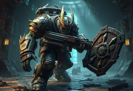 Mimighoul Dungeon's Techno-horror Goliath, dynamic pose, gun & shield, brown & green armor, Mimighoul Dungeon backdrop, isometric view, action, grammer effect splash ink, octane render, Unreal Engine 5, Raphael & Houdini style, vivid emotions, detailed eyes, CGSociety, Artstation trending, golden ratio, 4k, lifelike, matte painting.