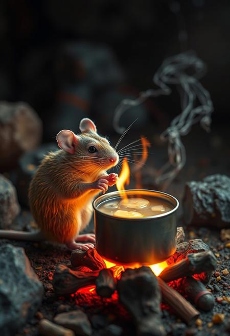 surreal VFX, nano-rat cooking chicken soup on a campfire seen under an electron scanning microscope, with details, vivid colors