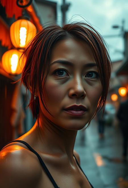 on a raining evenen. a low angle close-up of a tanned skin asian woman in her midlife. she has a very sporty but womanly body, her short wet red hair clings to her head and face. natural skin gets bombs from the cold rain. she needs no make-up and is dreaming looking in the camera. she is in a small mediteranian town under detailed storm clouds. you can clearly see the rain in the dimm lanterns. warm color grading,