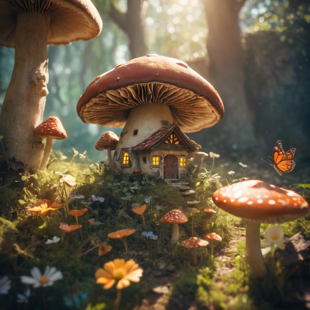 ancient mushroomhouse in cinematic scene, butterflies, dappled sunlight, bloom, shallow depth of field, vibrant colors, film grain