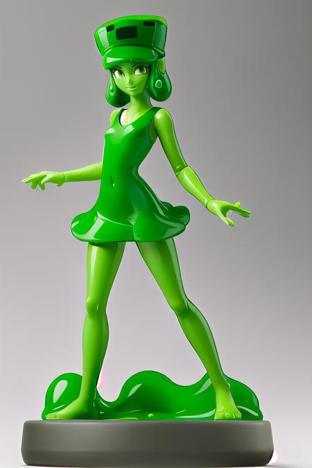 Highly detailed, High Quality, Masterpiece, beautiful, Amiibo, full body, <lora:Amiibo:0.8>, 1girl, slim3, green skin, slime girl, green hat, green dress, <lora:Char_Meme_Slime:0.9>