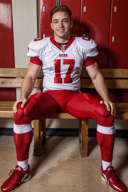 in an American football locker room, (sitting on a bench), legs spread open, LucasKnight, American football player wearing American football uniform, American football shoulder pads, ((red  jersey)), jersey number 17, (red football pants and pads), black socks, white sneakers, slight smile, masterpiece, (((full body portrait))), full body shot <lora:LucasKnight-000009:0.8>