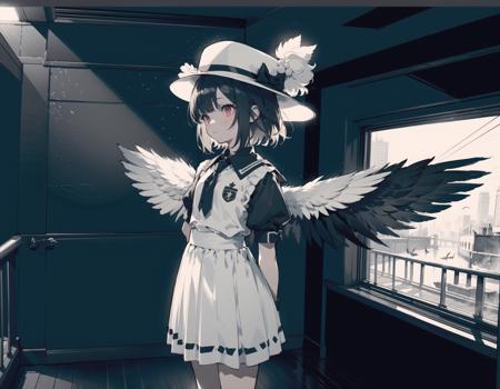 <lora:USNR STYLE:0.9>
masterpiece,best quality,,
(usnr:1.5) ,, flat color, limited palette, low contrast,sunlight,,(ray tracing,cinematic lighting)
1girl, solo, wings, hat, tokin hat, black hair, red eyes, short sleeves, skirt, pom pom (clothes), shirt, short hair, puffy sleeves, white shirt, puffy short sleeves, feathered wings, arms behind back, black wings, white skirt, black neckwear, looking away, standing, ribbon, blush, red headwear, day, bangs, bird wings, looking to the side