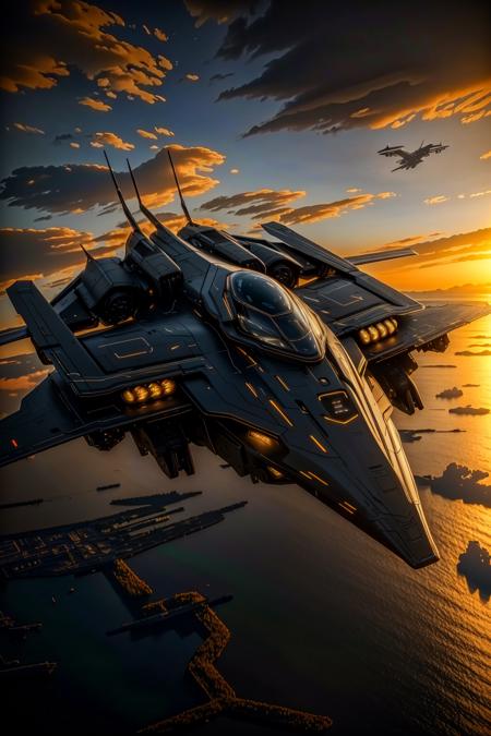 <lora:zzarspczz_v1:1>
masterpiece, highly detailed photorealistic 8k raw photo, best cinematic quality, volumetric lighting and shadows
airplane, cityscape, cloud, landscape, lights, no humans, scenery, science fiction, signature, sky, space, Sage Gray spacecraft, star \(sky\), sunset, vehicle focus, watercraft, zzarspczz (Medium long shot:1.2)