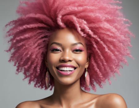 Create a vibrant and dynamic analog-style portrait of a stunning African woman with a bold pink afro. The portrait should capture her in a moment of genuine laughter, radiating joy and positivity. Her laughter should be infectious and reflect the beauty of her soul. Emphasize the warmth of her smile and the sparkle in her eyes. Capture every subtle detail, from the fine pores on her skin to the imperfections that make her human.  Use dynamic lighting to enhance the portrait's energy, allowing the light to play across her features and hair, highlighting the vibrant pink tones. Pay attention to the intricate details of her expression as she laughs, capturing the essence of the moment. Leverage the aesthetics of analog photography to evoke a timeless and soulful quality in the image. This should be a masterful analog photograph that conveys the authentic beauty of the subject.
<lora:add-detail-xl:1> <lora:offset_0.2:1> <lora:AnalogRedmond-AnalogRedmAF:0.5>